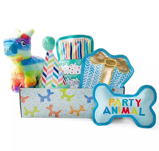 Party Animal Birthday Box Dog Toy Bundle, 5-Piece Set Blue