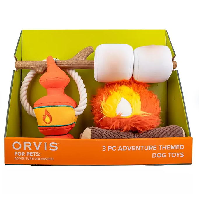 Orvis Pet Outdoor 3 Piece Toy Set, with Campfire Plush, Lantern Tug Toy, and Removable Marshmallow Floating Stick